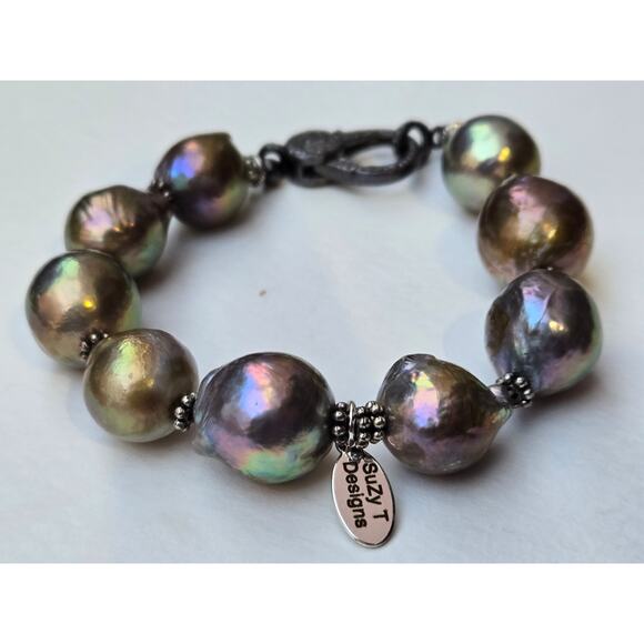 GORGEOUS Suzy T Designs Freshwater Pearl, Sterling w/Diamond Chip Clasp Bracelet - Picture 5 of 7